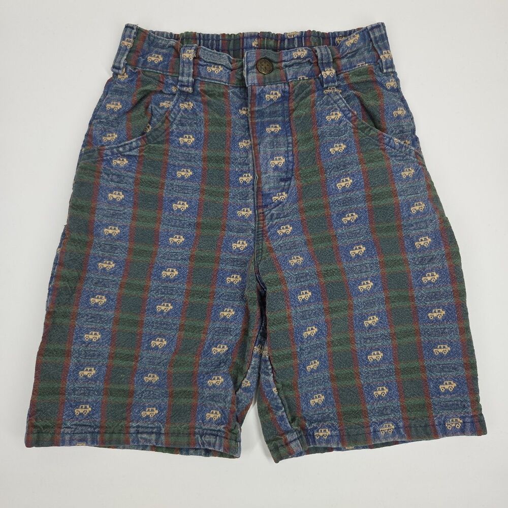 Vtg 90s OshKosh Boys Shorts Striped Trucks 7S USA Made Blue Green 100% Cotton